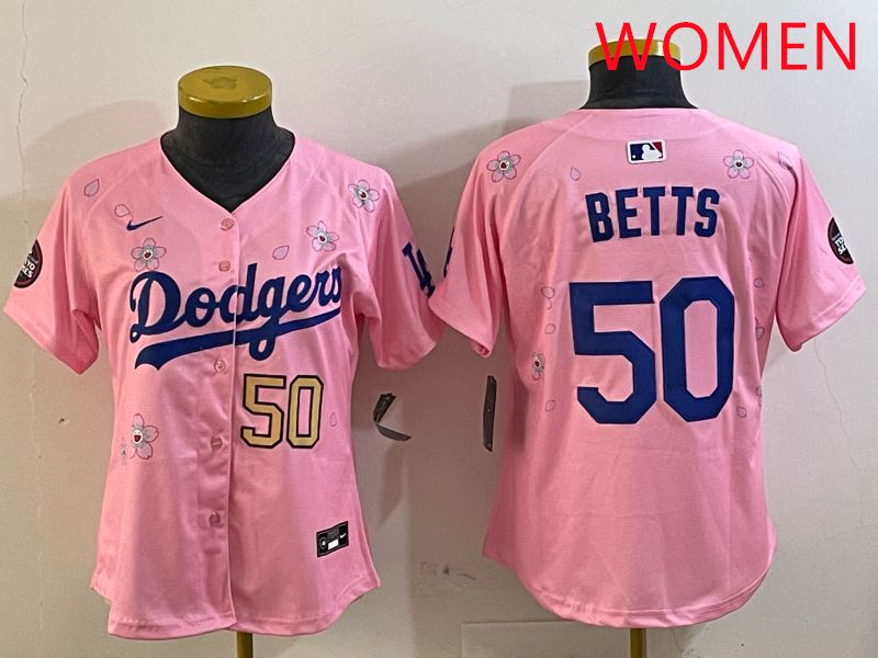 Women Los Angeles Dodgers #50 Betts Pink Sakura Edition 2025 Nike MLB Jersey style 3